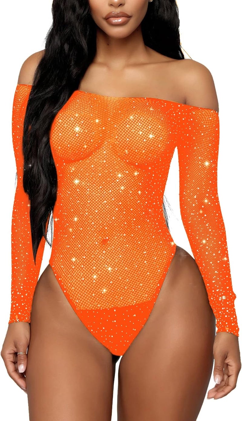RSLOVE Women Lingerie Fishnet Bodysuit Sparkle Rhinestone Sexy Mesh Teddy Lingerie - Image 1